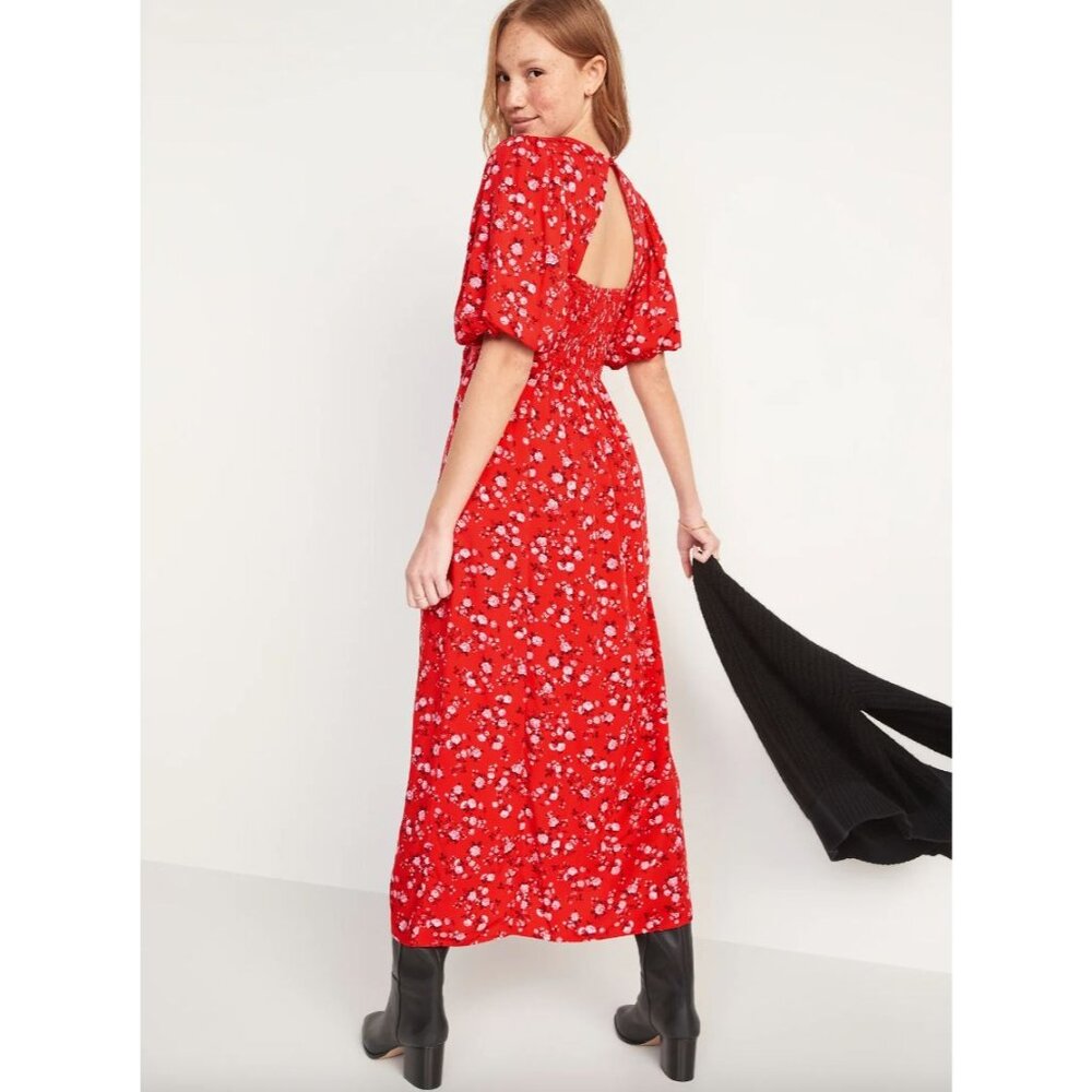 Old Navy Womens Plus 3X Red Floral Puff Sleeve Midi Dress Cutout Back